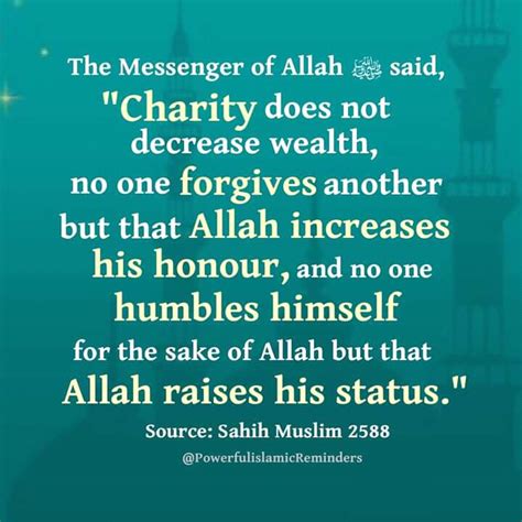 Hadith on Virtues: Honor in charity, forgiveness, humility.